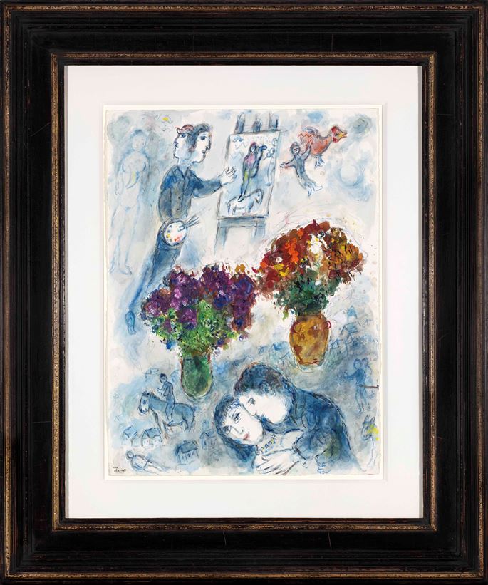 Marc CHAGALL - Les amoureux aux deux bouquets et le peintre | MasterArt